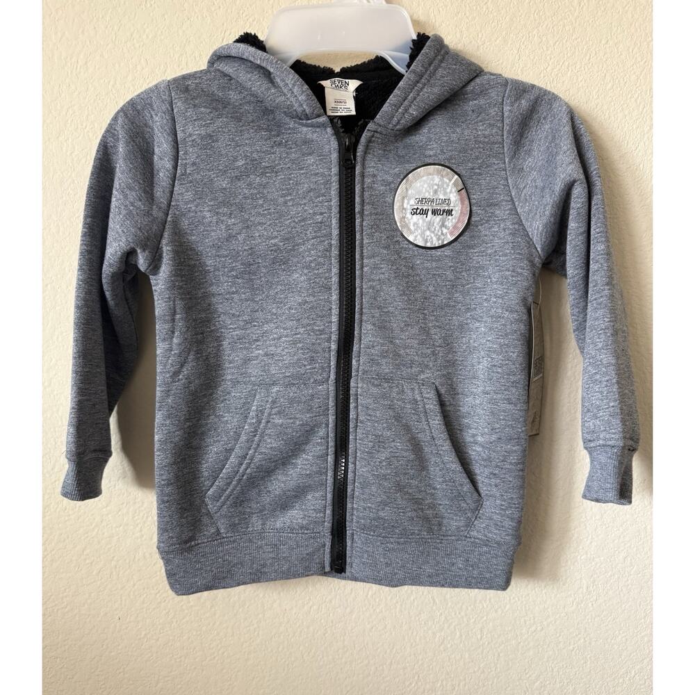 Seven Oaks Gray Black Sherpa Lined Full Zip Up Boys Hoodie Jacket Size XS 4/5